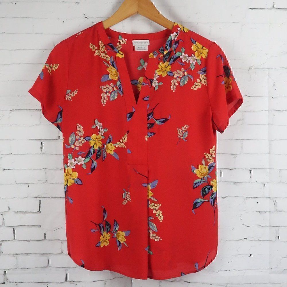 VAN HEUSEN RED FLORAL SHORT SLEEVE V NECK BLOUSE SIZE XS/TP